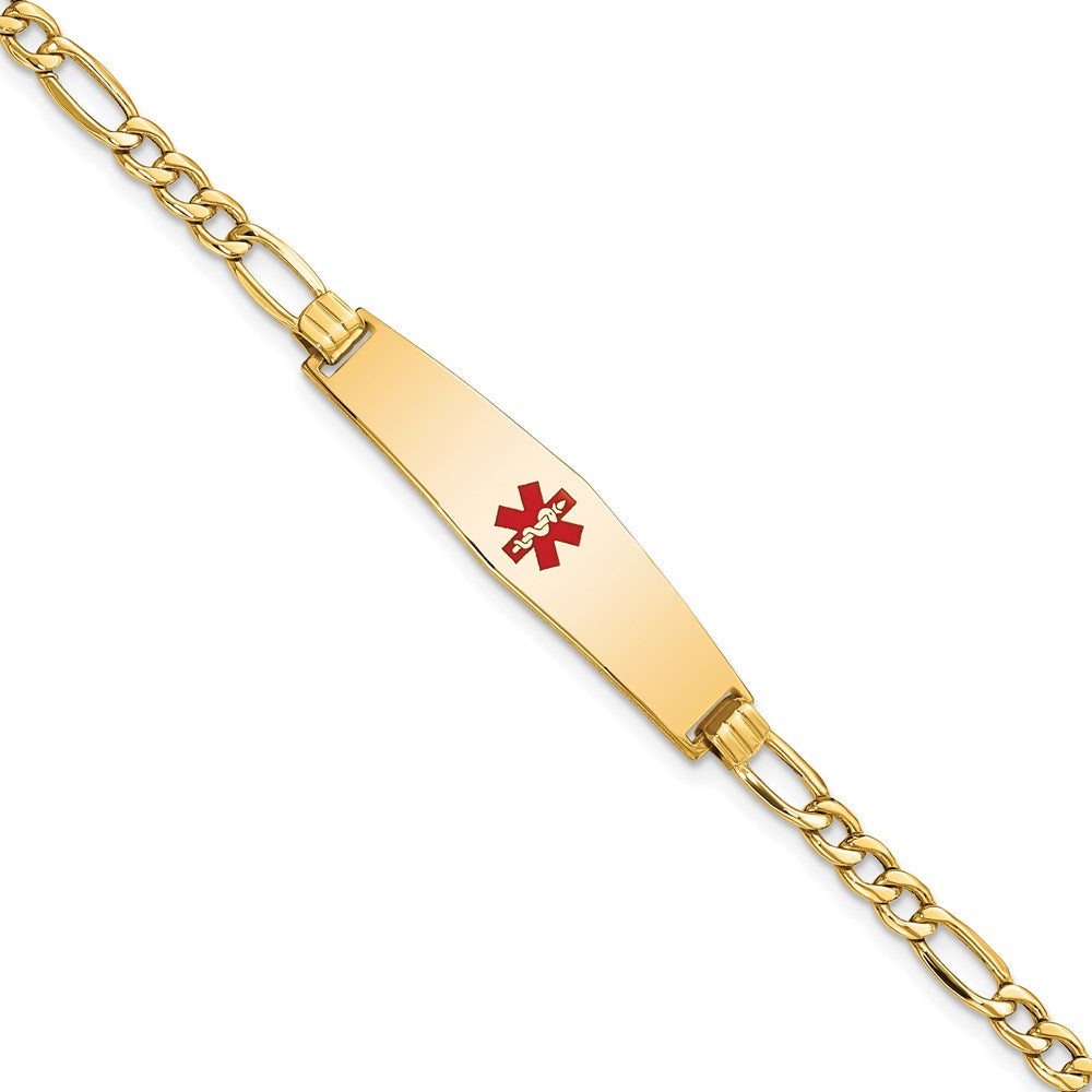 14K Yellow Gold Medical Semi Solid Chain/Solid Plate Soft Diamond Shape 33X8mm Centered Red Enamel Figaro Link 8 Inch Id Bracelet