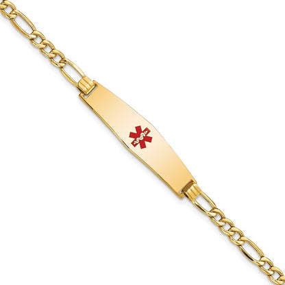14K Yellow Gold Medical Semi Solid Chain/Solid Plate Soft Diamond Shape 33X8mm Centered Red Enamel Figaro Link 8 Inch Id Bracelet