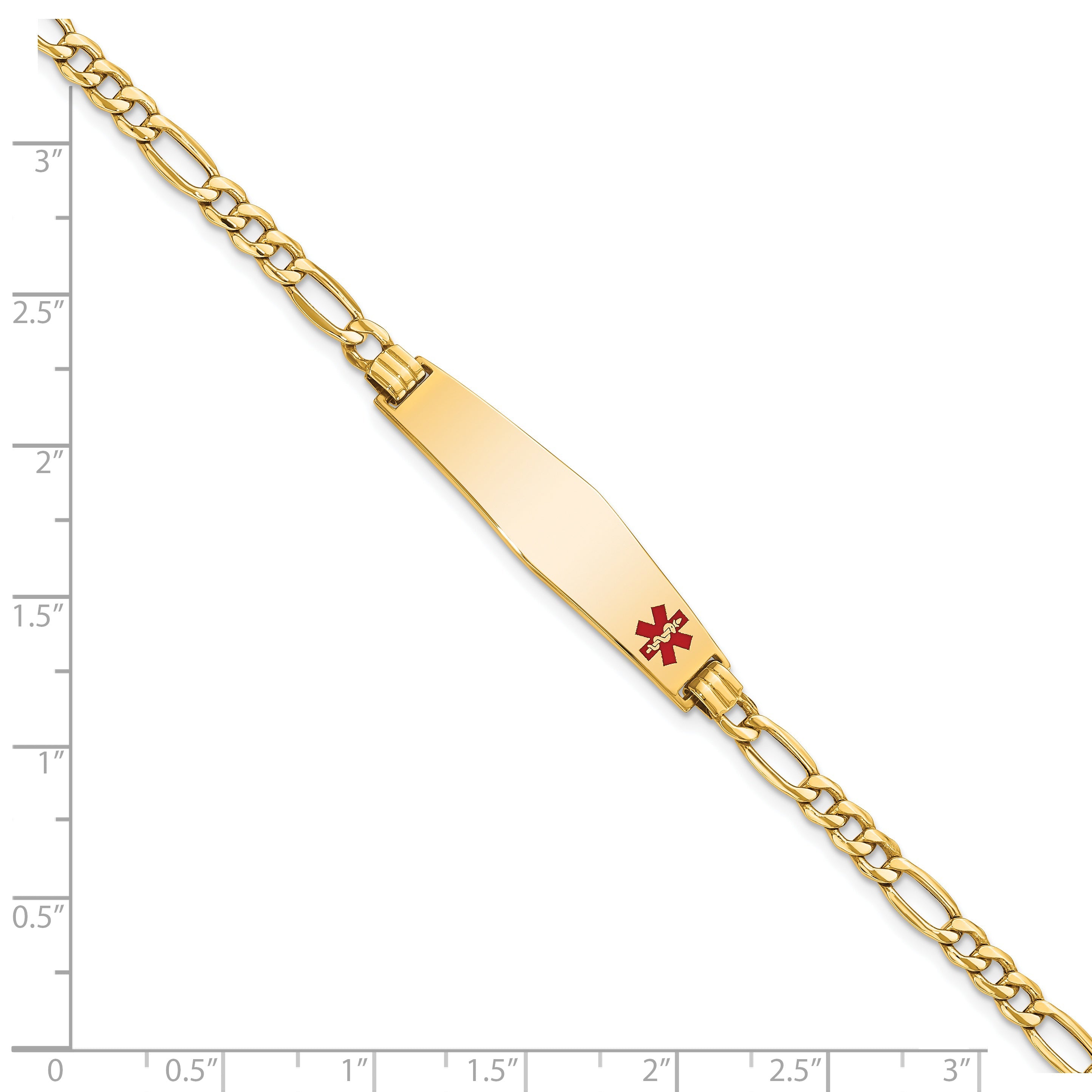 14K Yellow Gold Medical Semi Solid Chain/Solid Plate Soft Diamond Shape 34X8mm Off Center Red Enamel Figaro Link 8 Inch Id Bracelet