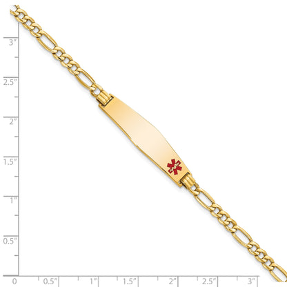 14K Yellow Gold Medical Semi Solid Chain/Solid Plate Soft Diamond Shape 34X8mm Off Center Red Enamel Figaro Link 8 Inch Id Bracelet