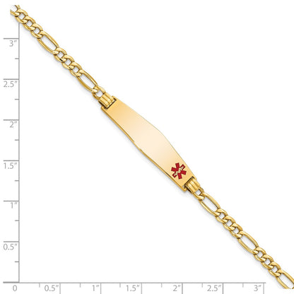 14K Yellow Gold Medical Semi Solid Chain/Solid Plate Soft Diamond Shape 34X8mm Off Center Red Enamel Figaro Link 7 Inch Id Bracelet