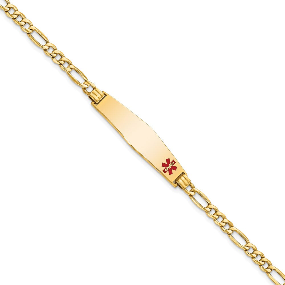 14K Yellow Gold Medical Semi Solid Chain/Solid Plate Soft Diamond Shape 34X8mm Off Center Red Enamel Figaro Link 7 Inch Id Bracelet
