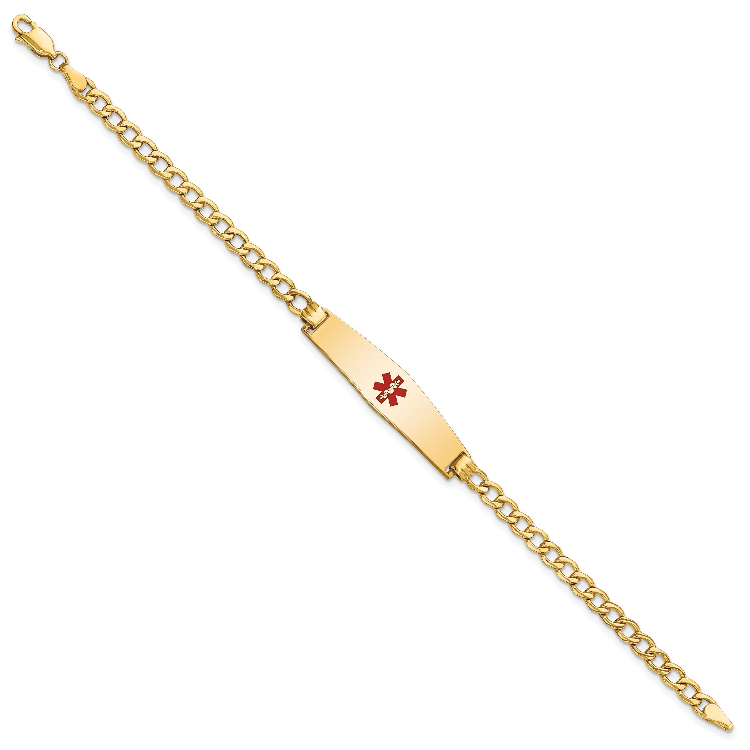 14K Yellow Gold Medical Semi Solid Chain/Solid Plate Soft Diamond Shape 33X8mm Centered Red Enamel Curb Link 7 Inch Id Bracelet