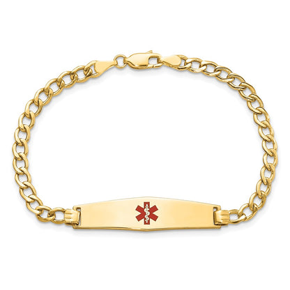 14K Yellow Gold Medical Semi Solid Chain/Solid Plate Soft Diamond Shape 33X8mm Centered Red Enamel Curb Link 8 Inch Id Bracelet