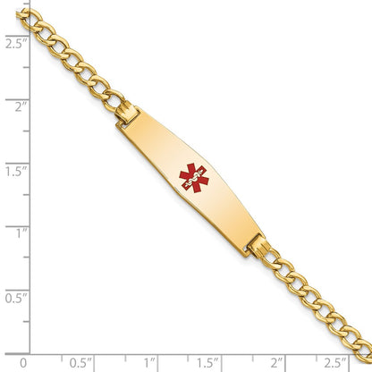 14K Yellow Gold Medical Semi Solid Chain/Solid Plate Soft Diamond Shape 33X8mm Centered Red Enamel Curb Link 8 Inch Id Bracelet