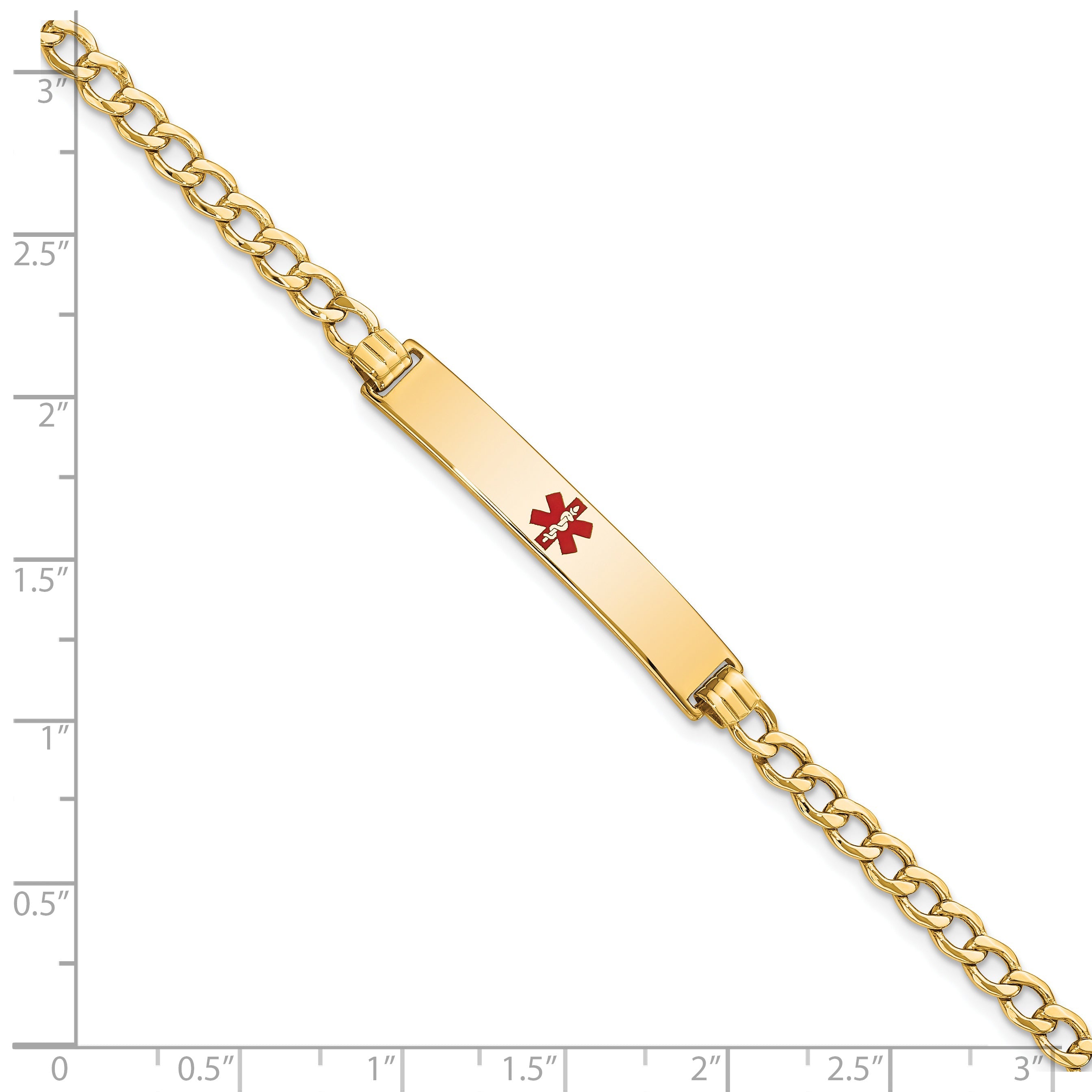 14K Yellow Gold Medical Semi Solid Chain/Solid Plate 34X6mm Centered Red Enamel Curb Link 8 Inch Id Bracelet