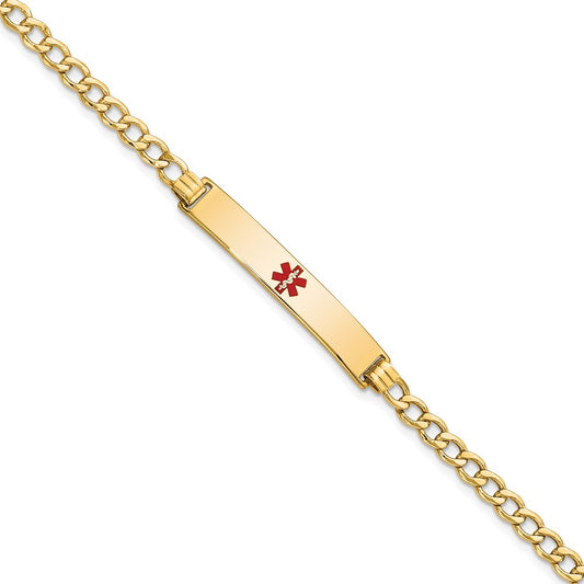 14K Yellow Gold Medical Semi Solid Chain/Solid Plate 34X6mm Centered Red Enamel Curb Link 7 Inch Id Bracelet