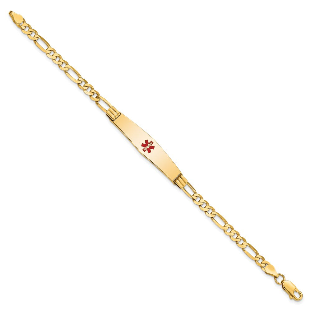 14K Yellow Gold Medical Solid Chain/Solid Plate Soft Diamond Shape 36X9mm Centered Red Enamel Figaro Link 8 Inch Id Bracelet