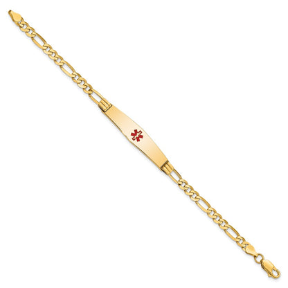 14K Yellow Gold Medical Solid Chain/Solid Plate Soft Diamond Shape 36X9mm Centered Red Enamel Figaro Link 8 Inch Id Bracelet