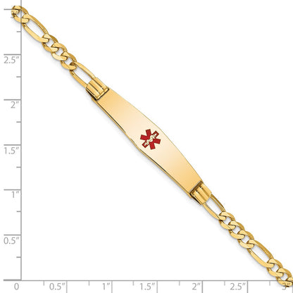 14K Yellow Gold Medical Solid Chain/Solid Plate Soft Diamond Shape 36X9mm Centered Red Enamel Figaro Link 8 Inch Id Bracelet