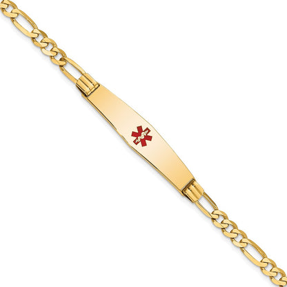 14K Yellow Gold Medical Solid Chain/Solid Plate Soft Diamond Shape 36X9mm Centered Red Enamel Figaro Link 8 Inch Id Bracelet