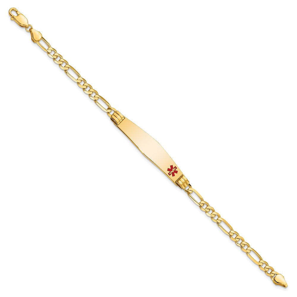 14K Yellow Gold Medical Solid Chain/Solid Plate Soft Diamond Shape 36X9mm Off Center Red Enamel Figaro Link 8 Inch Id Bracelet