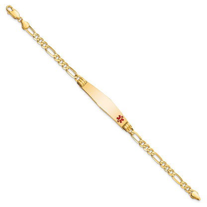 14K Yellow Gold Medical Solid Chain/Solid Plate Soft Diamond Shape 36X9mm Off Center Red Enamel Figaro Link 8 Inch Id Bracelet