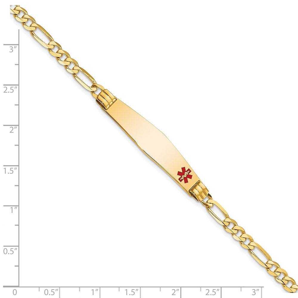 14K Yellow Gold Medical Solid Chain/Solid Plate Soft Diamond Shape 36X9mm Off Center Red Enamel Figaro Link 8 Inch Id Bracelet