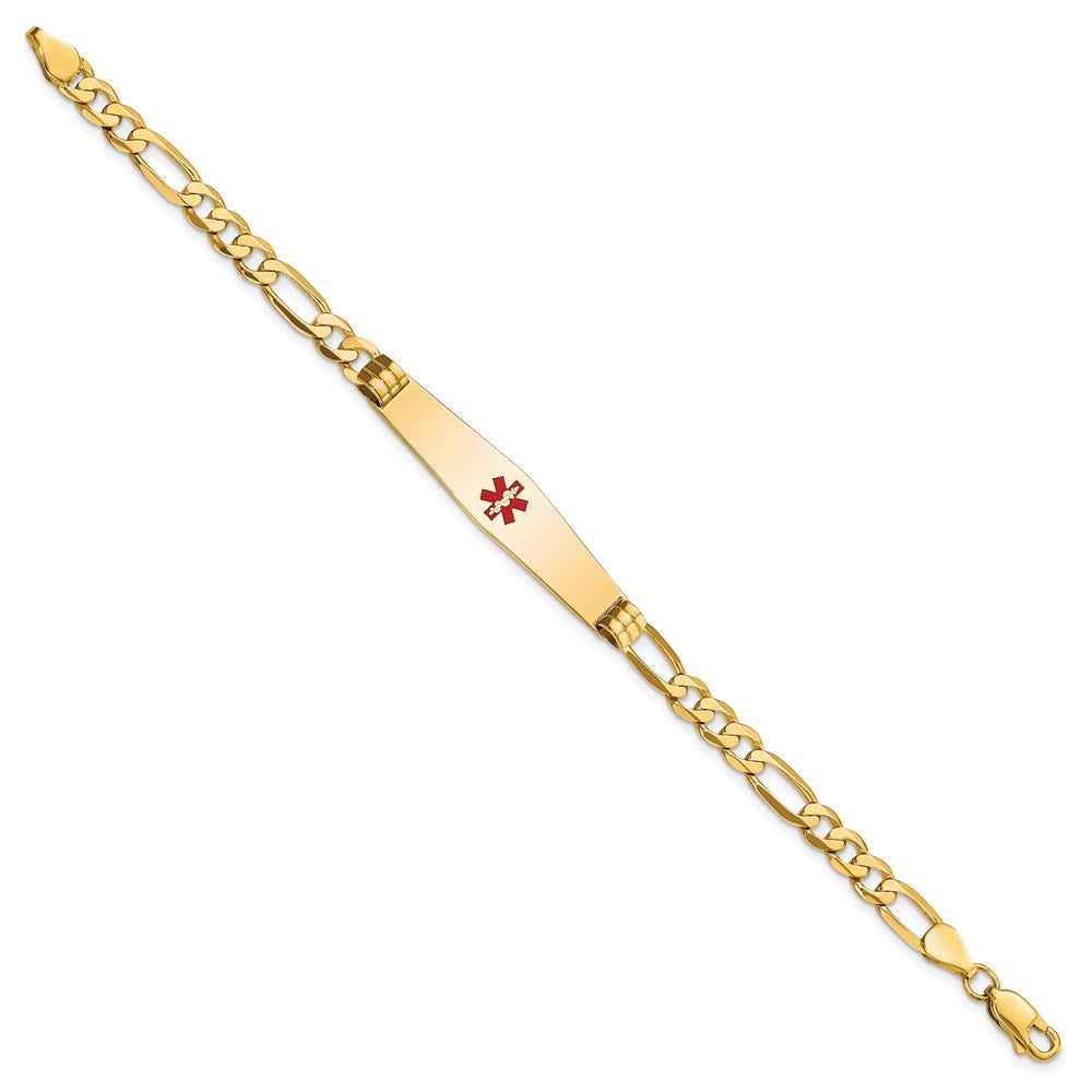 14K Yellow Gold Medical Solid Chain/Solid Plate Soft Diamond Shape 36X9mm Centered Red Enamel Flat Figaro Link 8 Inch Id Bracelet