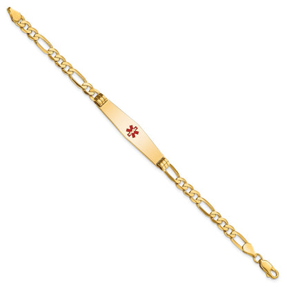 14K Yellow Gold Medical Solid Chain/Solid Plate Soft Diamond Shape 36X9mm Centered Red Enamel Flat Figaro Link 8 Inch Id Bracelet
