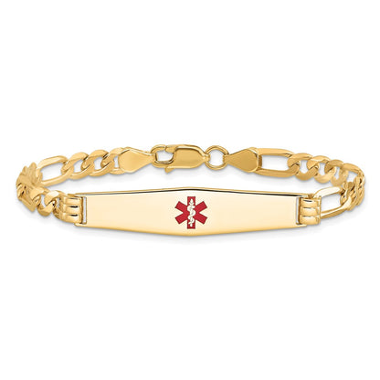 14K Yellow Gold Medical Solid Chain/Solid Plate Soft Diamond Shape 36X9mm Centered Red Enamel Flat Figaro Link 8 Inch Id Bracelet