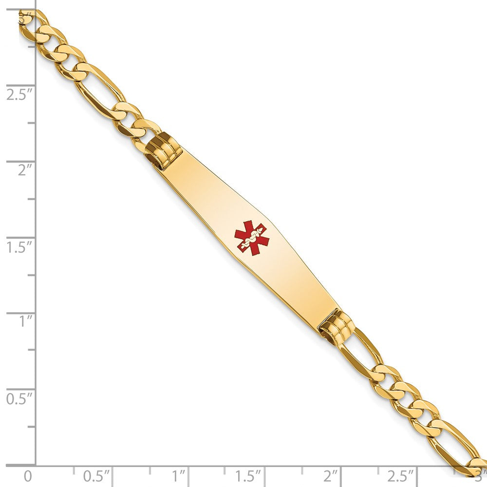 14K Yellow Gold Medical Solid Chain/Solid Plate Soft Diamond Shape 36X9mm Centered Red Enamel Flat Figaro Link 8 Inch Id Bracelet