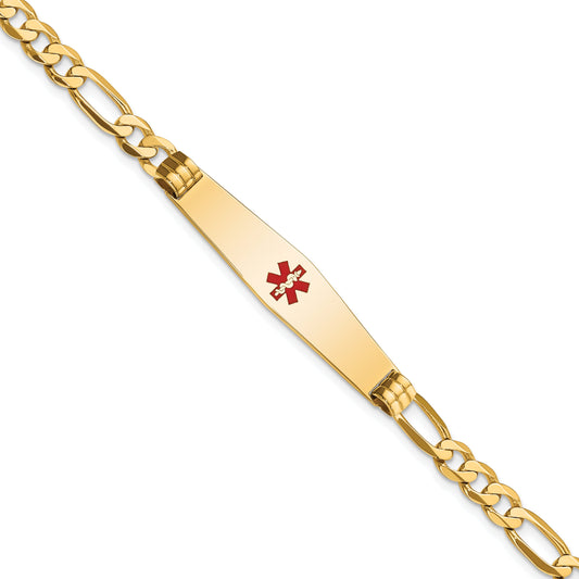 14K Yellow Gold Medical Solid Chain/Solid Plate Soft Diamond Shape 36X9mm Centered Red Enamel Flat Figaro Link 7 Inch Id Bracelet
