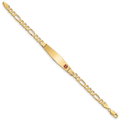14K Yellow Gold Medical Solid Chain/Solid Plate Soft Diamond Shape 36X9mm Off Center Red Enamel Flat Figaro Link 8 Inch Id Bracelet
