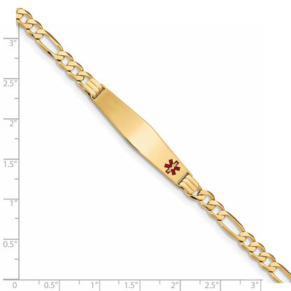 14K Yellow Gold Medical Solid Chain/Solid Plate Soft Diamond Shape 36X9mm Off Center Red Enamel Flat Figaro Link 8 Inch Id Bracelet