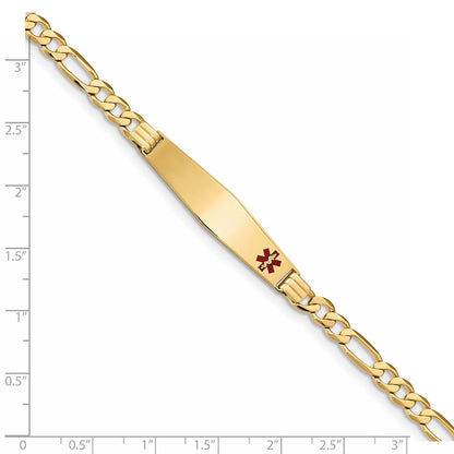 14K Yellow Gold Medical Solid Chain/Solid Plate Soft Diamond Shape 36X9mm Off Center Red Enamel Flat Figaro Link 7 Inch Id Bracelet
