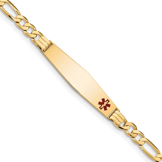 14K Yellow Gold Medical Solid Chain/Solid Plate Soft Diamond Shape 36X9mm Off Center Red Enamel Flat Figaro Link 8 Inch Id Bracelet