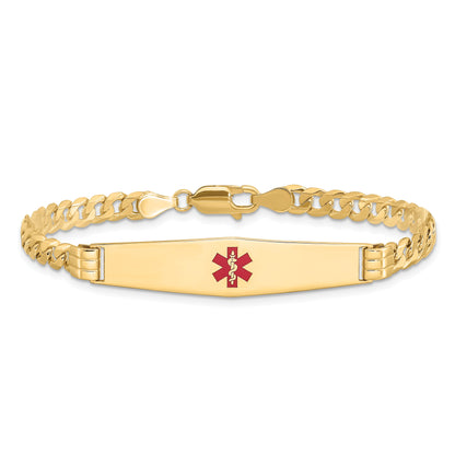 14K Yellow Gold Medical Solid Chain/Solid Plate Soft Diamond Shape 36X9mm Centered Red Enamel Curb Link 8 Inch Id Bracelet