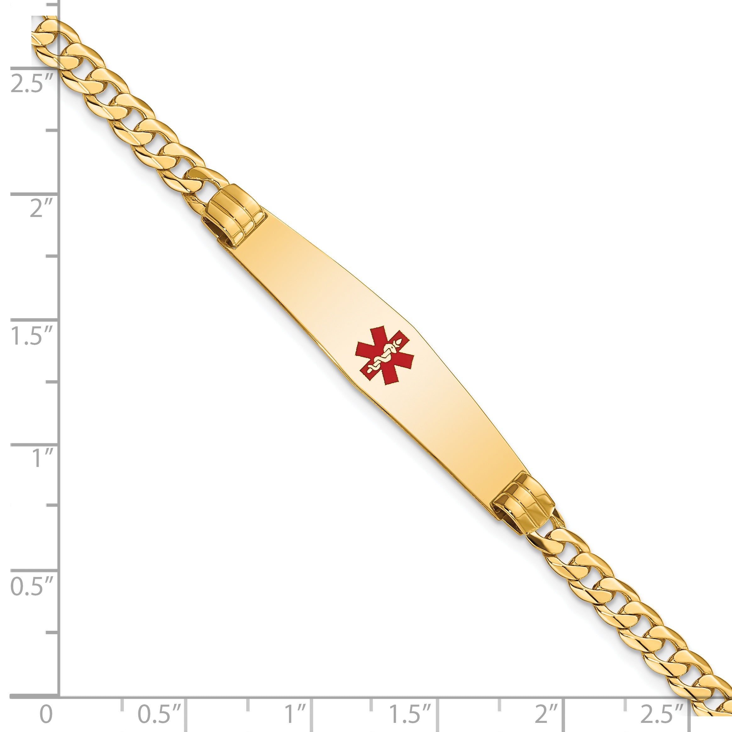 14K Yellow Gold Medical Solid Chain/Solid Plate Soft Diamond Shape 36X9mm Centered Red Enamel Curb Link 8 Inch Id Bracelet