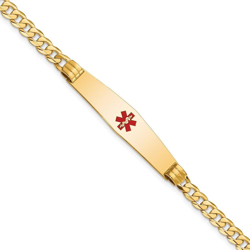 14K Yellow Gold Medical Solid Chain/Solid Plate Soft Diamond Shape 36X9mm Centered Red Enamel Curb Link 8 Inch Id Bracelet