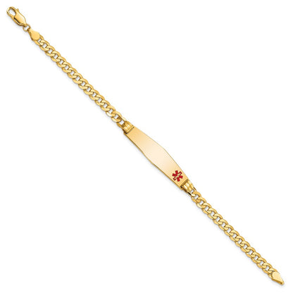 14K Yellow Gold Medical Solid Chain/Solid Plate Soft Diamond Shape 36X9mm Off Center Red Enamel Curb Link 7 Inch Id Bracelet