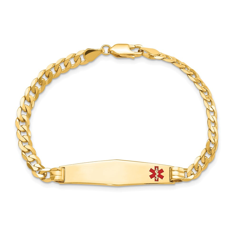 14K Yellow Gold Medical Solid Chain/Solid Plate Soft Diamond Shape 36X9mm Off Center Red Enamel Curb Link 7 Inch Id Bracelet