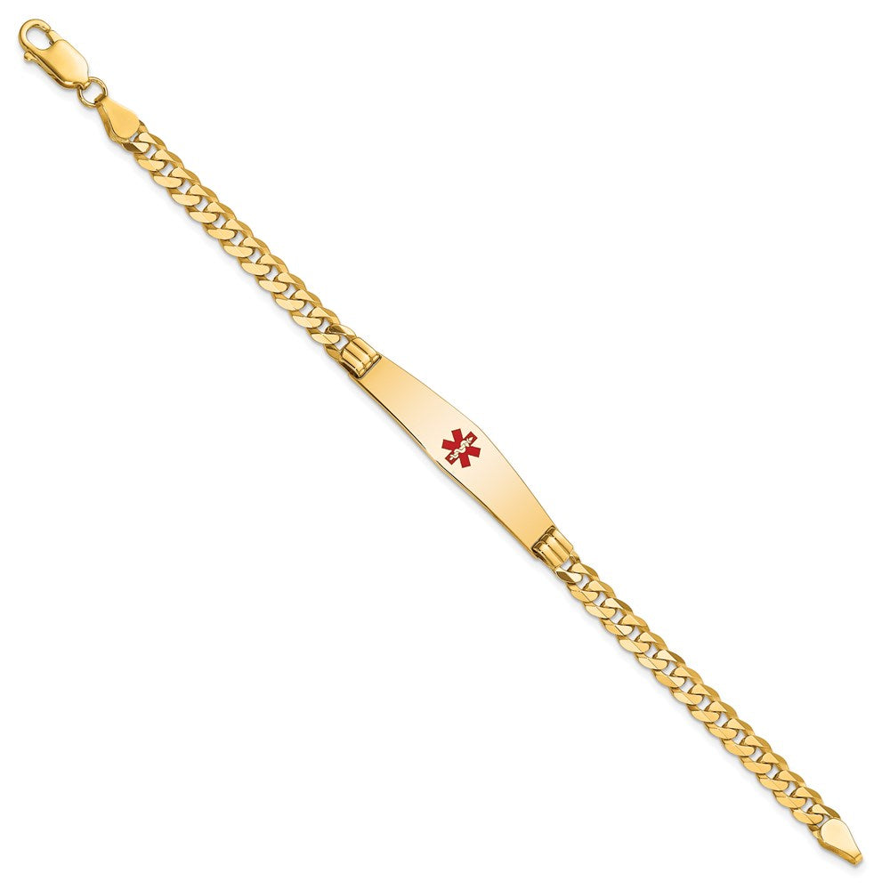 14K Yellow Gold Medical Solid Chain/Solid Plate Soft Diamond Shape 36X9mm Centered Red Enamel Curb Link 7 Inch Id Bracelet