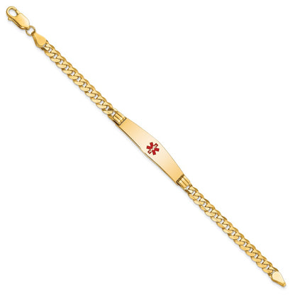 14K Yellow Gold Medical Solid Chain/Solid Plate Soft Diamond Shape 36X9mm Centered Red Enamel Curb Link 7 Inch Id Bracelet
