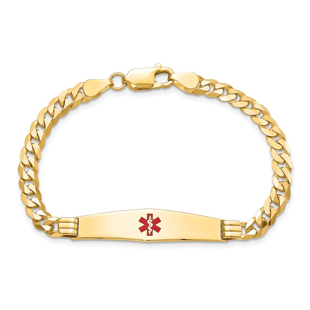 14K Yellow Gold Medical Solid Chain/Solid Plate Soft Diamond Shape 36X9mm Centered Red Enamel Curb Link 7 Inch Id Bracelet