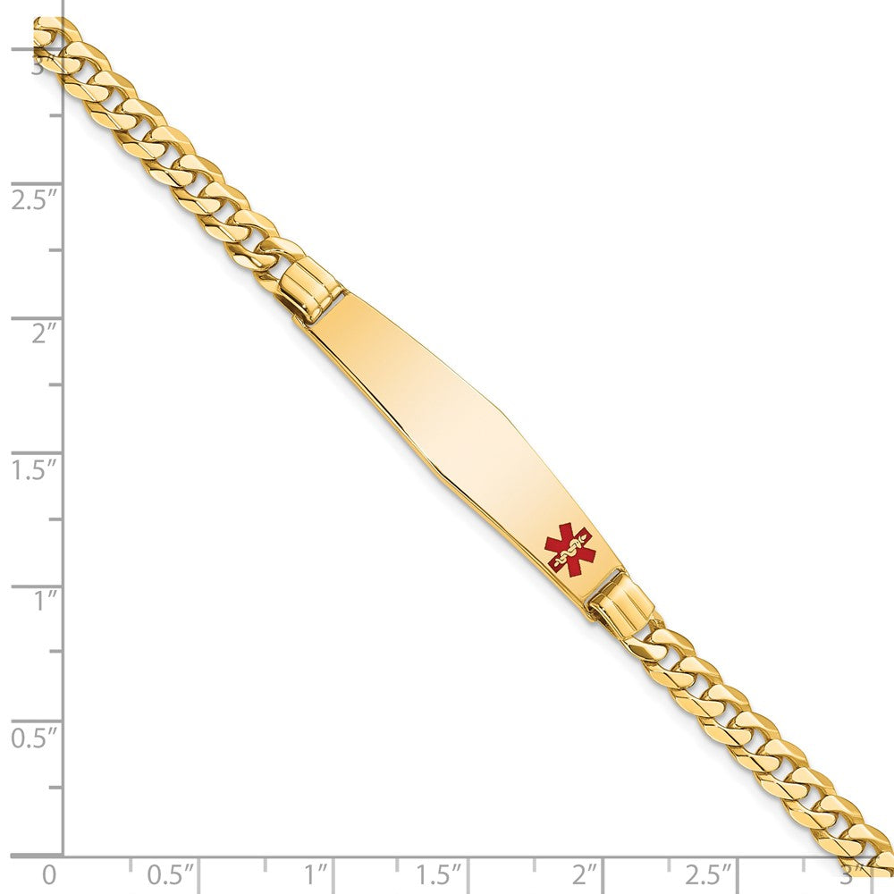 14K Yellow Gold Medical Solid Chain/Solid Plate Soft Diamond Shape 36X9mm Off Center Red Enamel Curb Link 8 Inch Id Bracelet