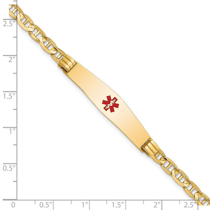 14K Yellow Gold Medical Solid Chain/Solid Plate Soft Diamond Shape 36X9mm Centered Red Enamel Anchor Link 8 Inch Id Bracelet