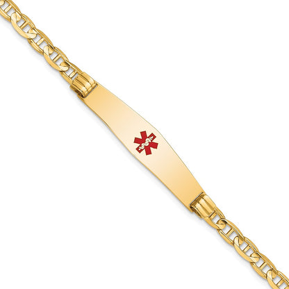 14K Yellow Gold Medical Solid Chain/Solid Plate Soft Diamond Shape 36X9mm Centered Red Enamel Anchor Link 8 Inch Id Bracelet