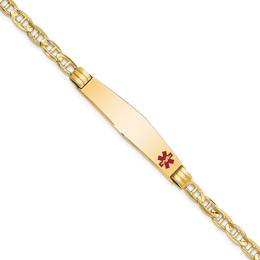 14K Yellow Gold Medical Solid Chain/Solid Plate Soft Diamond Shape 36X9mm Off Center Red Enamel Anchor Link 8 Inch Id Bracelet