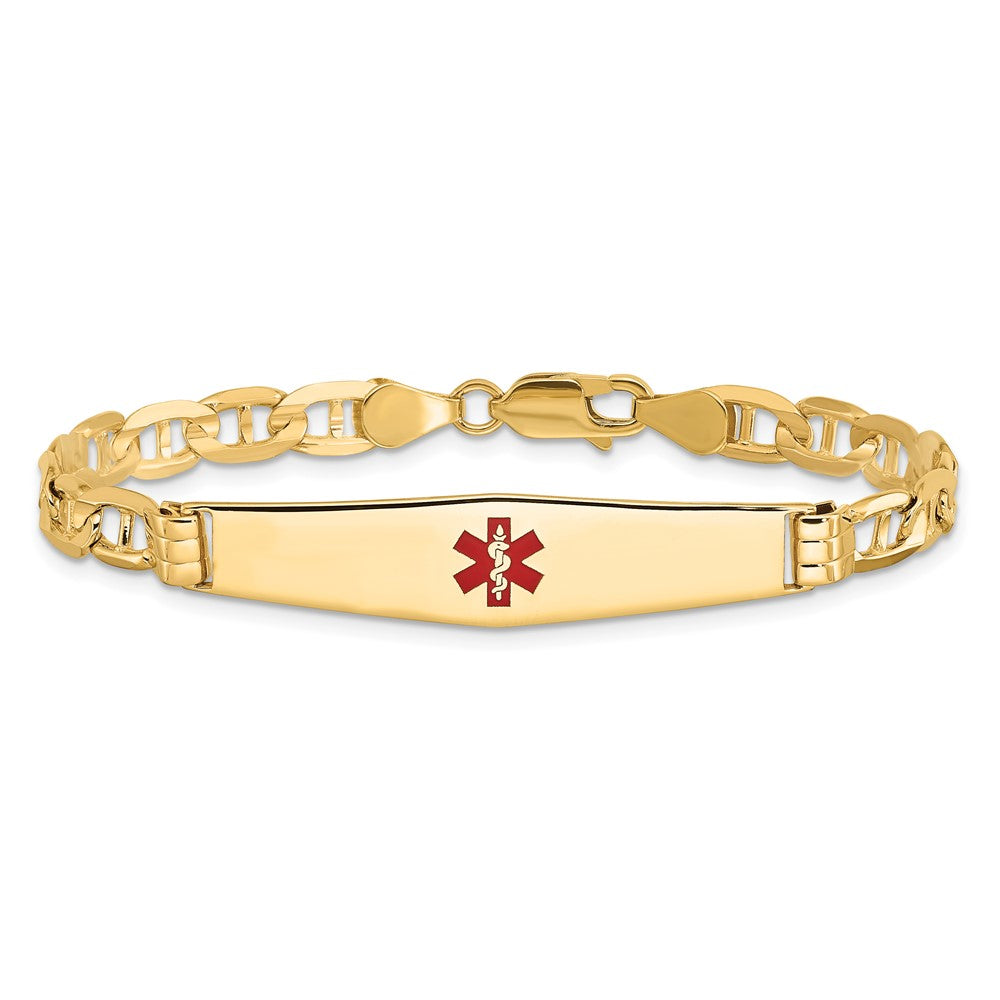 14K Yellow Gold Medical Solid Chain/Solid Plate Soft Diamond Shape 36X9mm Centered Red Enamel Anchor Link 7 Inch Id Bracelet