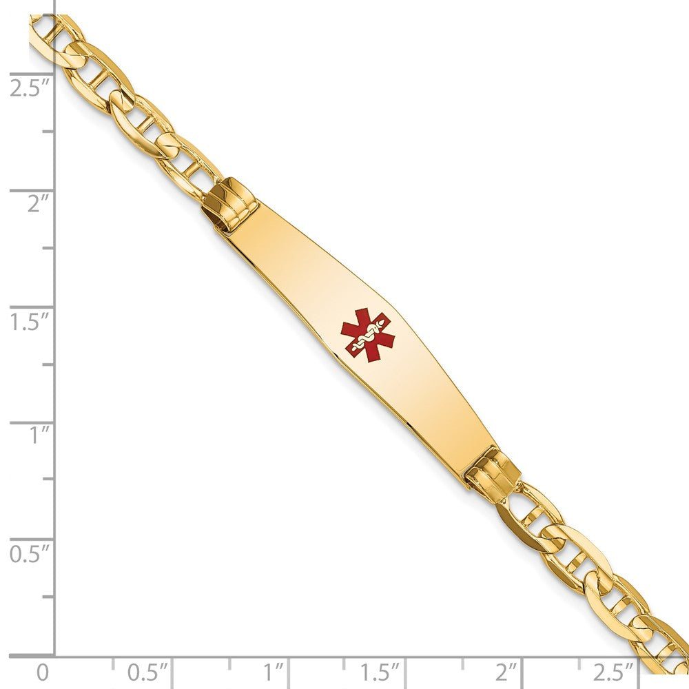 14K Yellow Gold Medical Solid Chain/Solid Plate Soft Diamond Shape 36X9mm Centered Red Enamel Anchor Link 7 Inch Id Bracelet