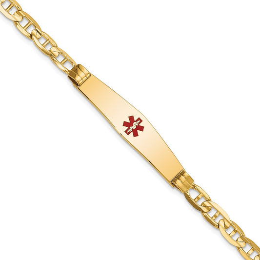 14K Yellow Gold Medical Solid Chain/Solid Plate Soft Diamond Shape 36X9mm Centered Red Enamel Anchor Link 7 Inch Id Bracelet