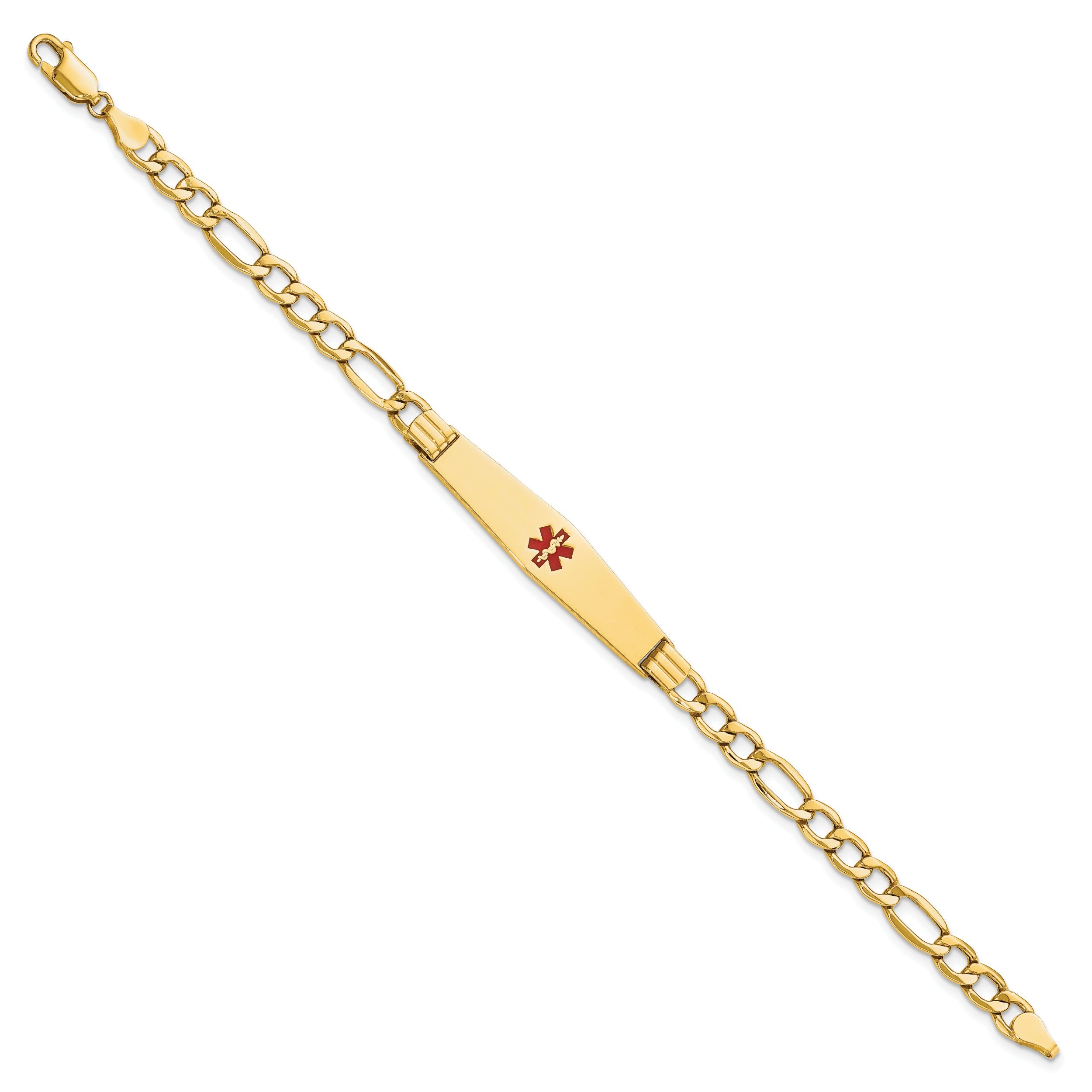 14K Yellow Gold Medical Semi Solid Chain/Solid Plate Soft Diamond Shape 37X9mm Centered Red Enamel Figaro Link 8 Inch Id Bracelet
