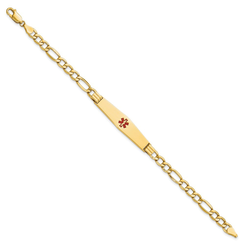 14K Yellow Gold Medical Semi Solid Chain/Solid Plate Soft Diamond Shape 37X9mm Centered Red Enamel Figaro Link 7 Inch Id Bracelet