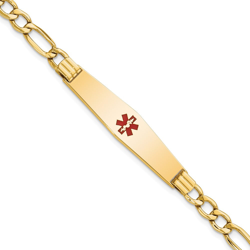 14K Yellow Gold Medical Semi Solid Chain/Solid Plate Soft Diamond Shape 37X9mm Centered Red Enamel Figaro Link 7 Inch Id Bracelet