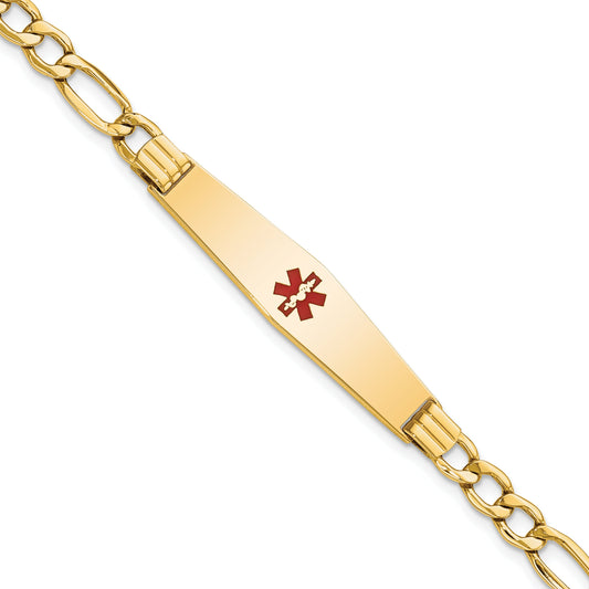 14K Yellow Gold Medical Semi Solid Chain/Solid Plate Soft Diamond Shape 37X9mm Centered Red Enamel Figaro Link 8 Inch Id Bracelet