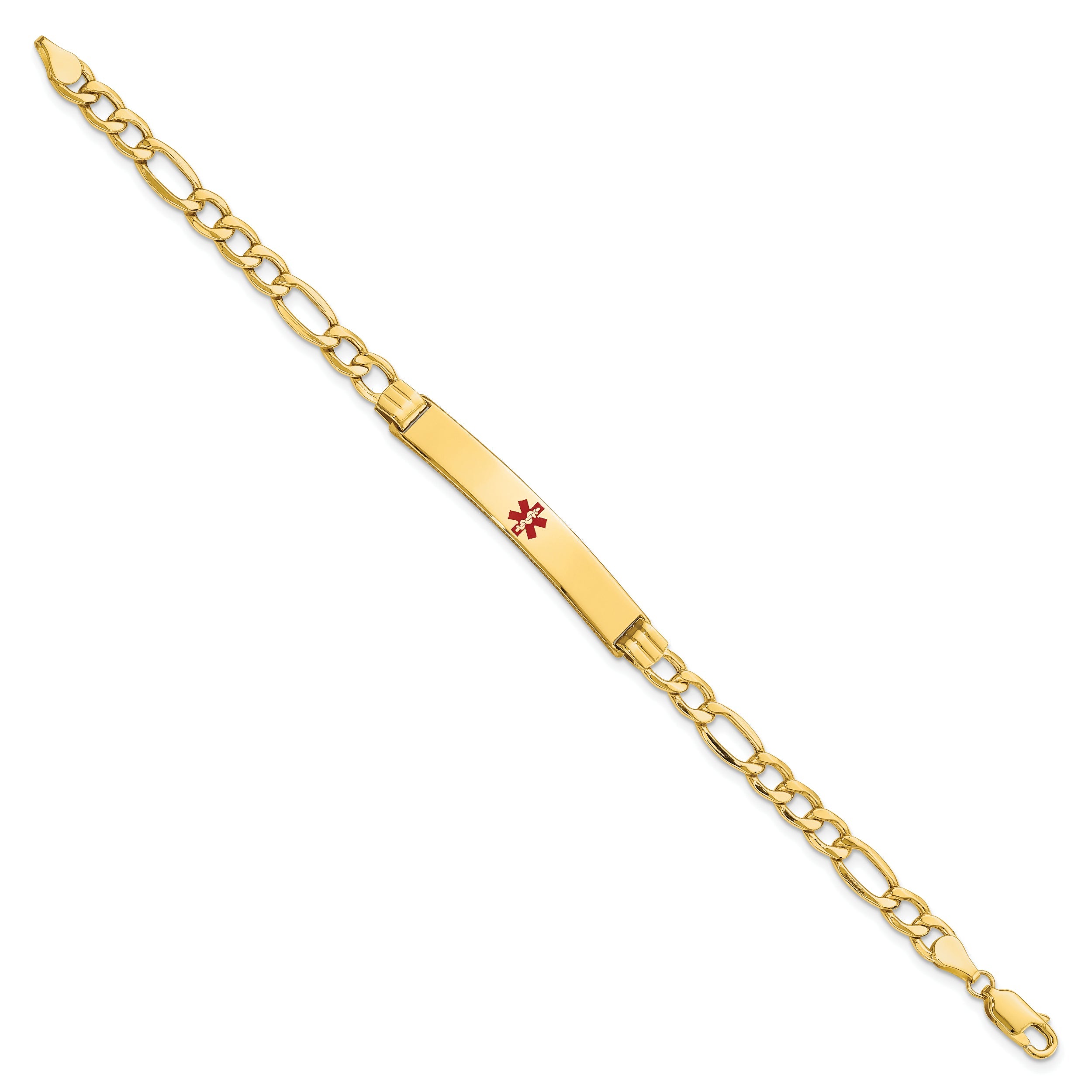 14K Yellow Gold Medical Semi Solid Chain/Solid Plate 37X6mm Centered Red Enamel Figaro Link 8 Inch Id Bracelet