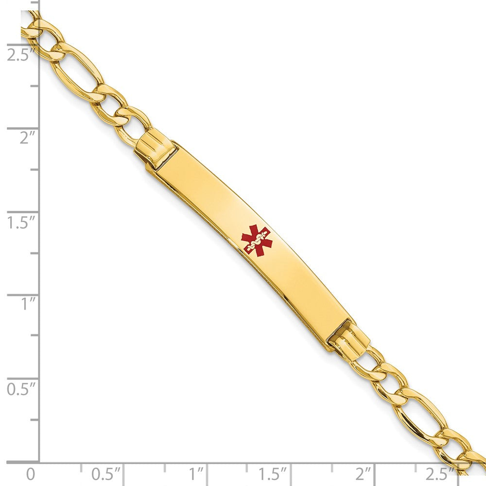 14K Yellow Gold Medical Semi Solid Chain/Solid Plate 37X6mm Centered Red Enamel Figaro Link 7 Inch Id Bracelet