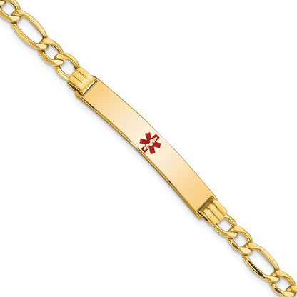 14K Yellow Gold Medical Semi Solid Chain/Solid Plate 37X6mm Centered Red Enamel Figaro Link 7 Inch Id Bracelet