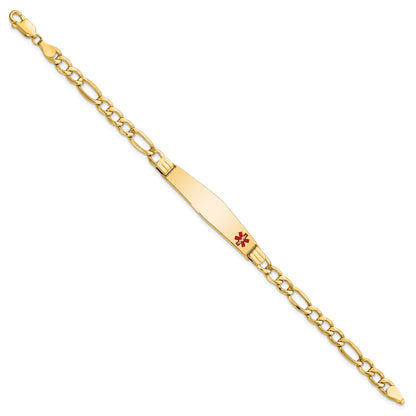 14K Yellow Gold Medical Semi Solid Chain/Solid Plate Soft Diamond Shape 37X9mm Off Center Red Enamel Figaro Link 8 Inch Id Bracelet